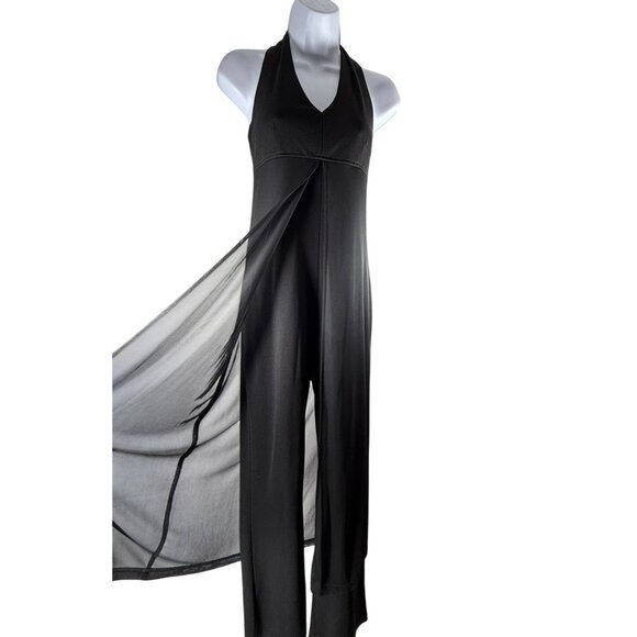 Next Up Pants - Vintage Black Halter Jumpsuit Chiffon Overlay Skirt & Open Back Design Size 7